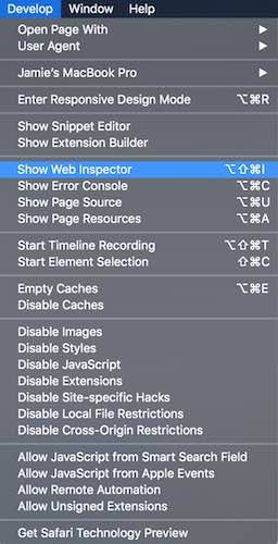 Safari Develop menu